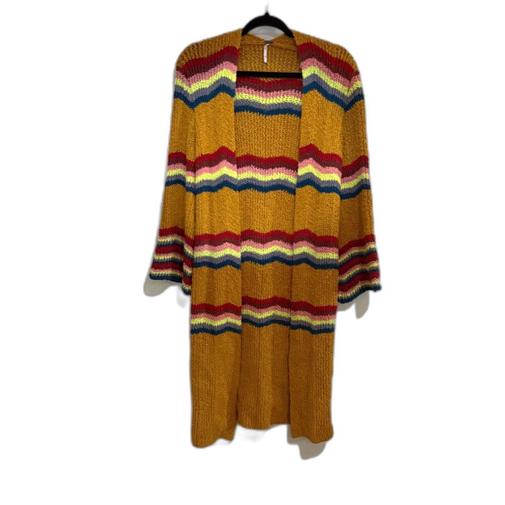 Free People Winding Road Cardigan Sweater XS Yellow Striped Open Front Rainbow